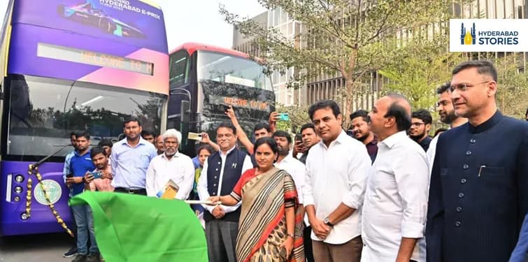 News graphic of people flagging off a purple double-decker bus