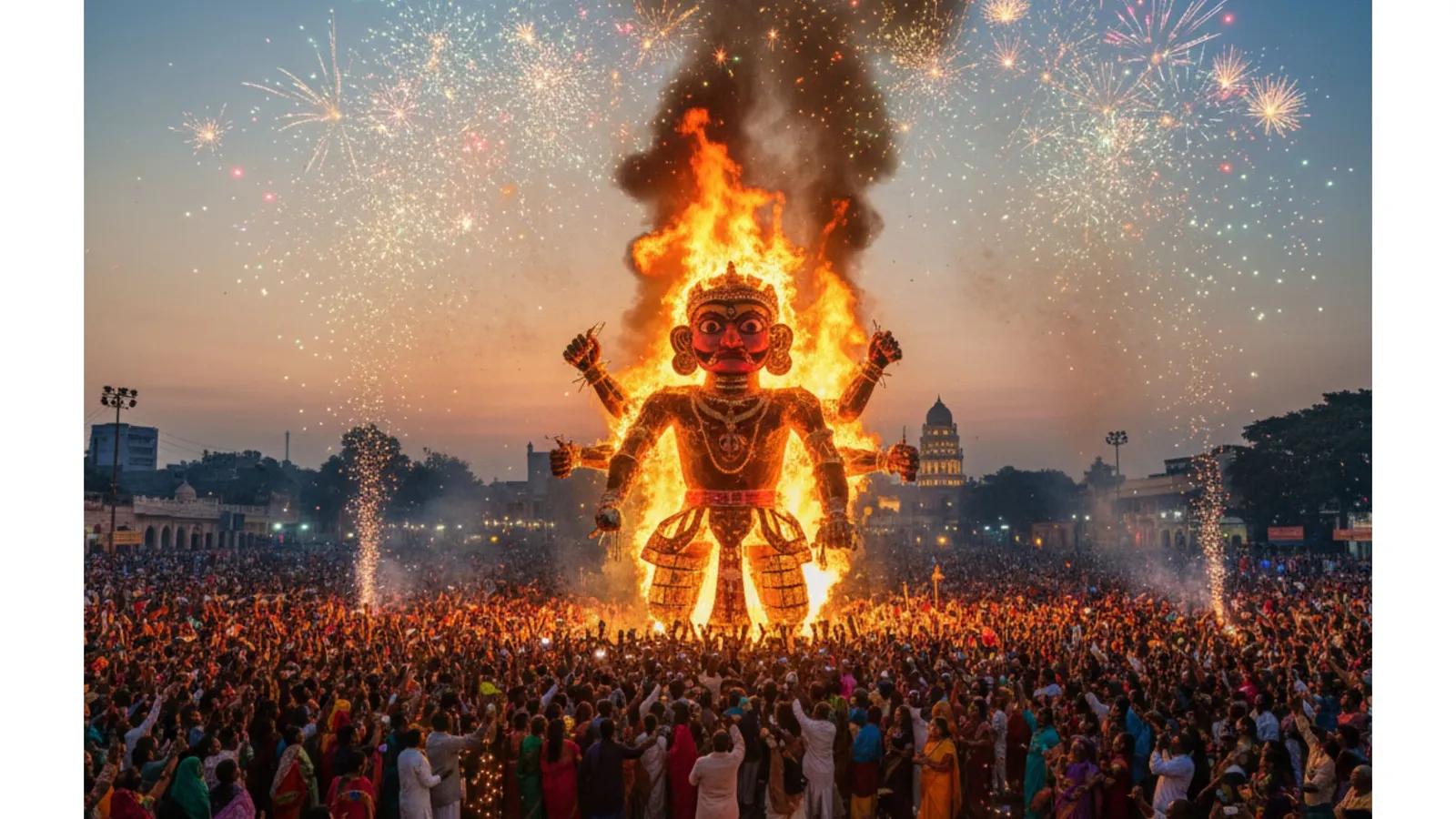 Burning effigy surrounded by fireworks and a large night-time crowd