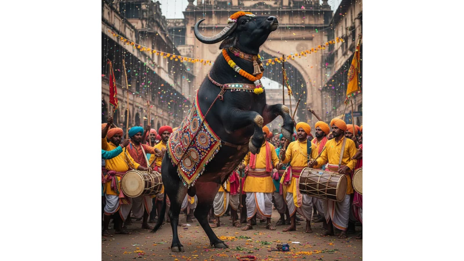 Decorated bull led through a street by drummers in yellow dress