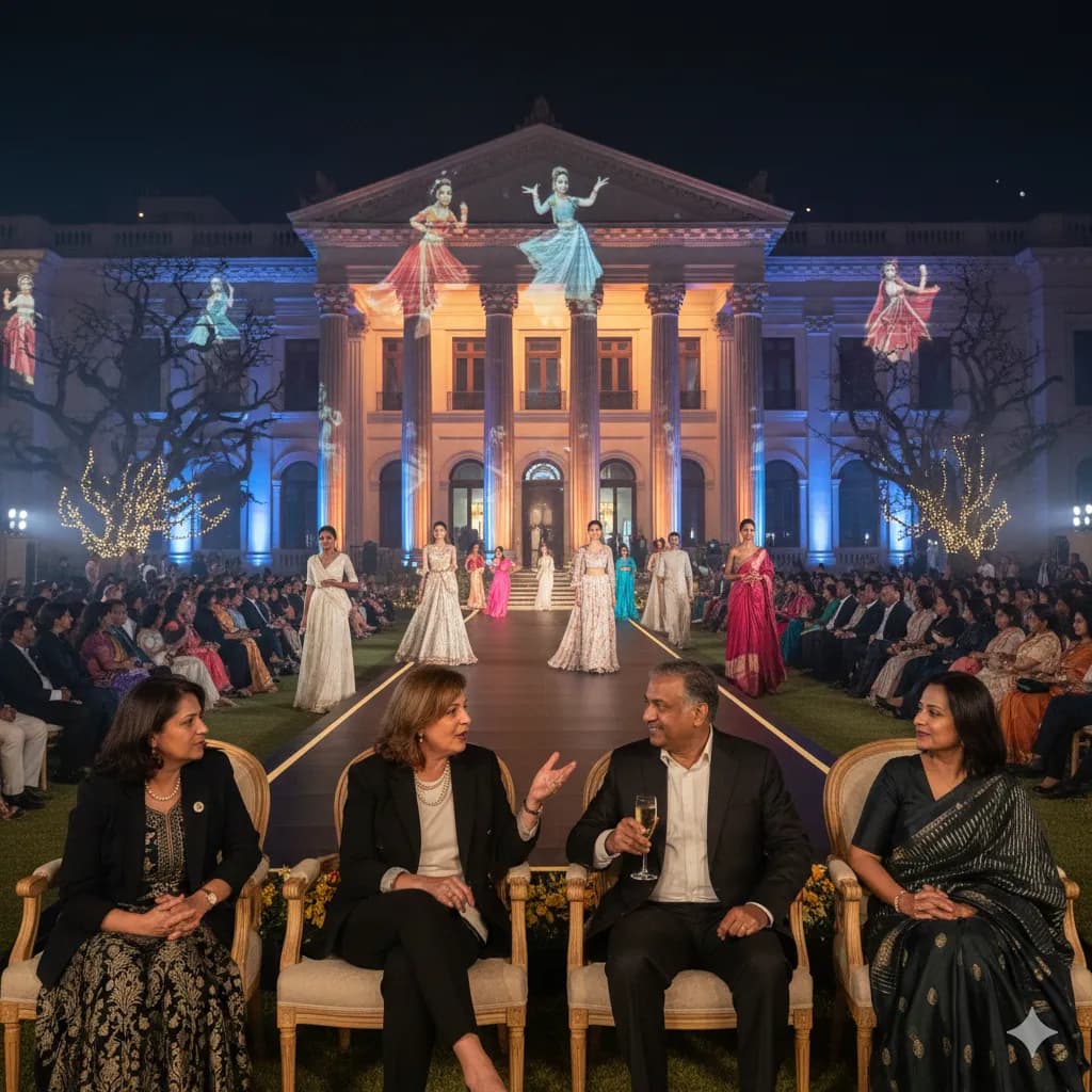 Audience watching performers on a lit stage before a colonnaded building