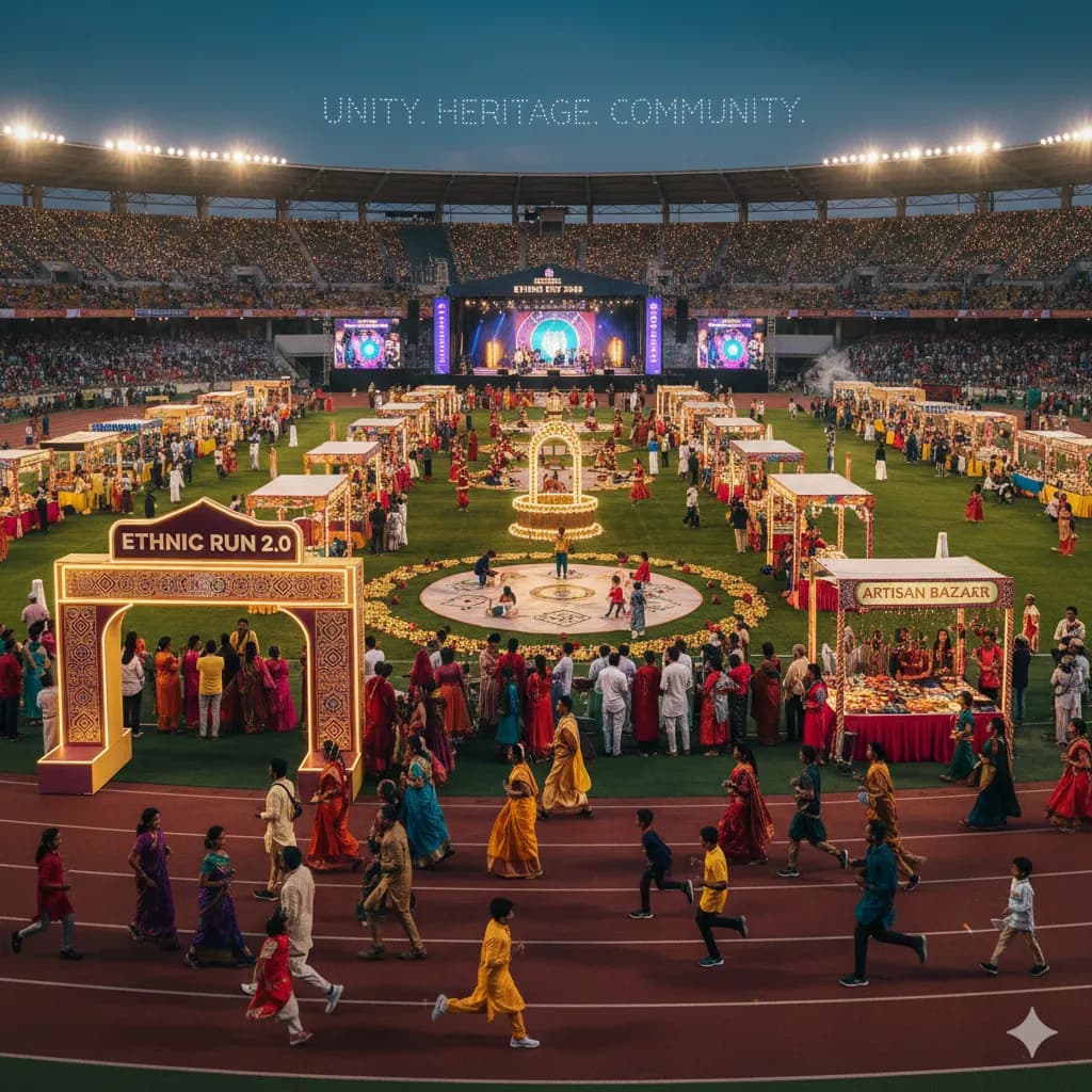 Illustrated scene of a crowded cultural festival inside a stadium