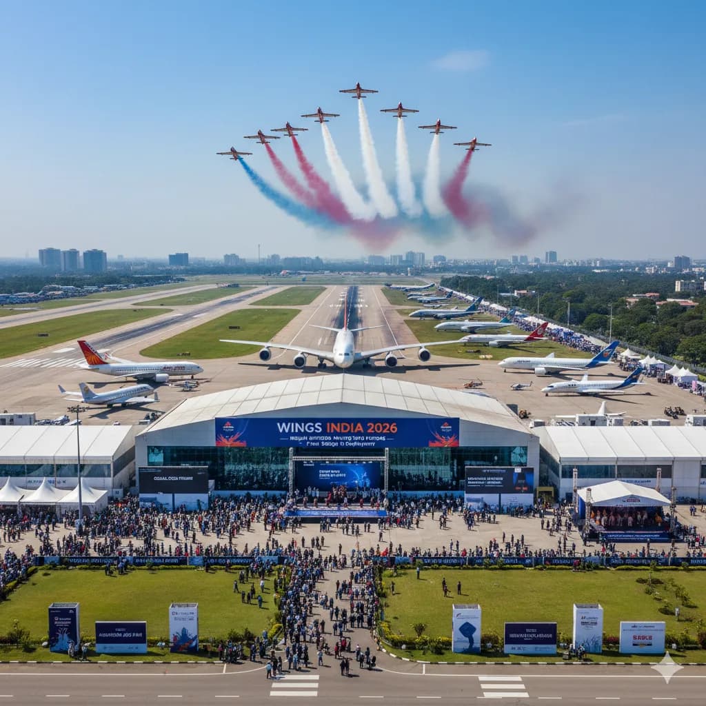 Aerial view of aircraft parked beside a large airshow exhibition hall