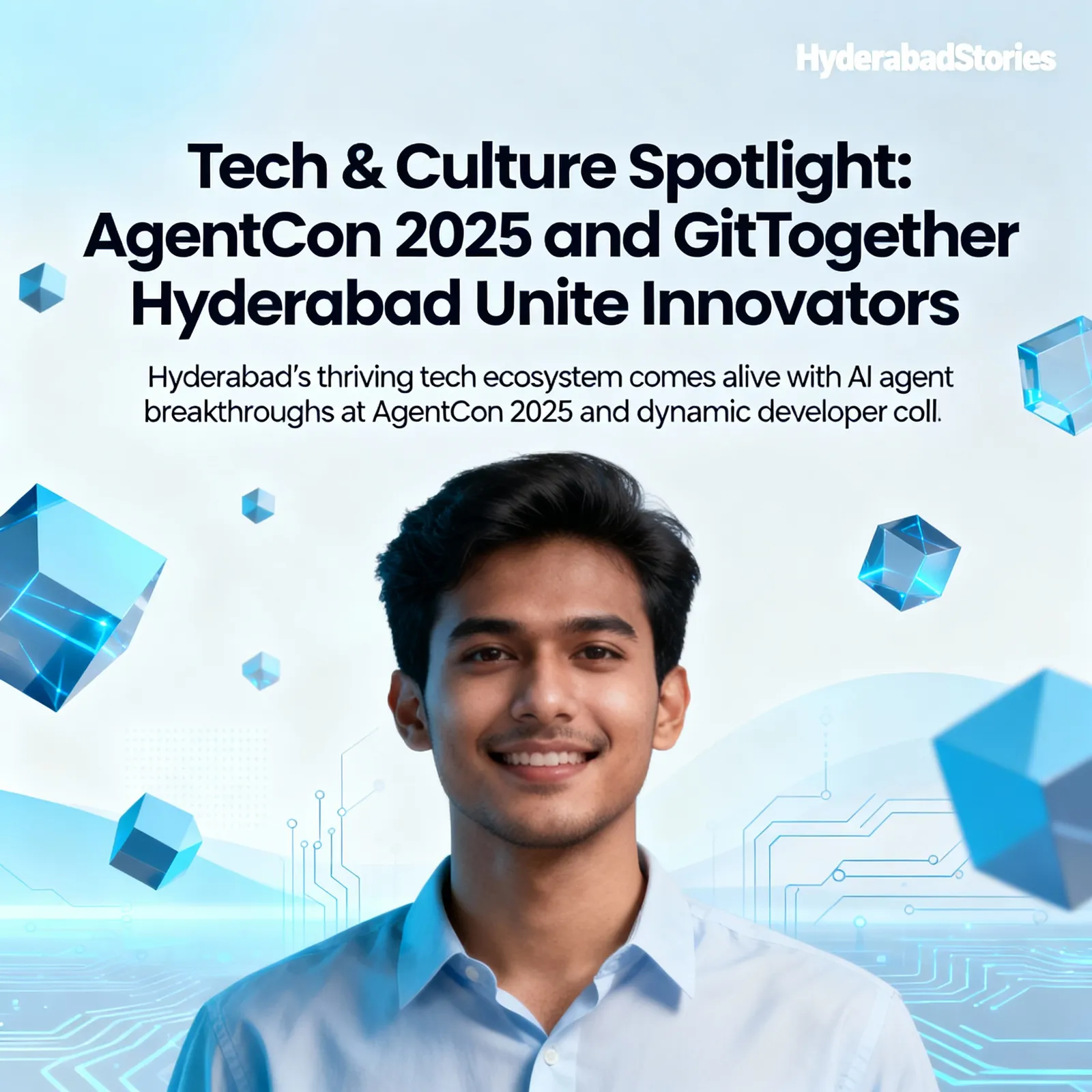 Promotional graphic with a portrait of a young man and geometric shapes