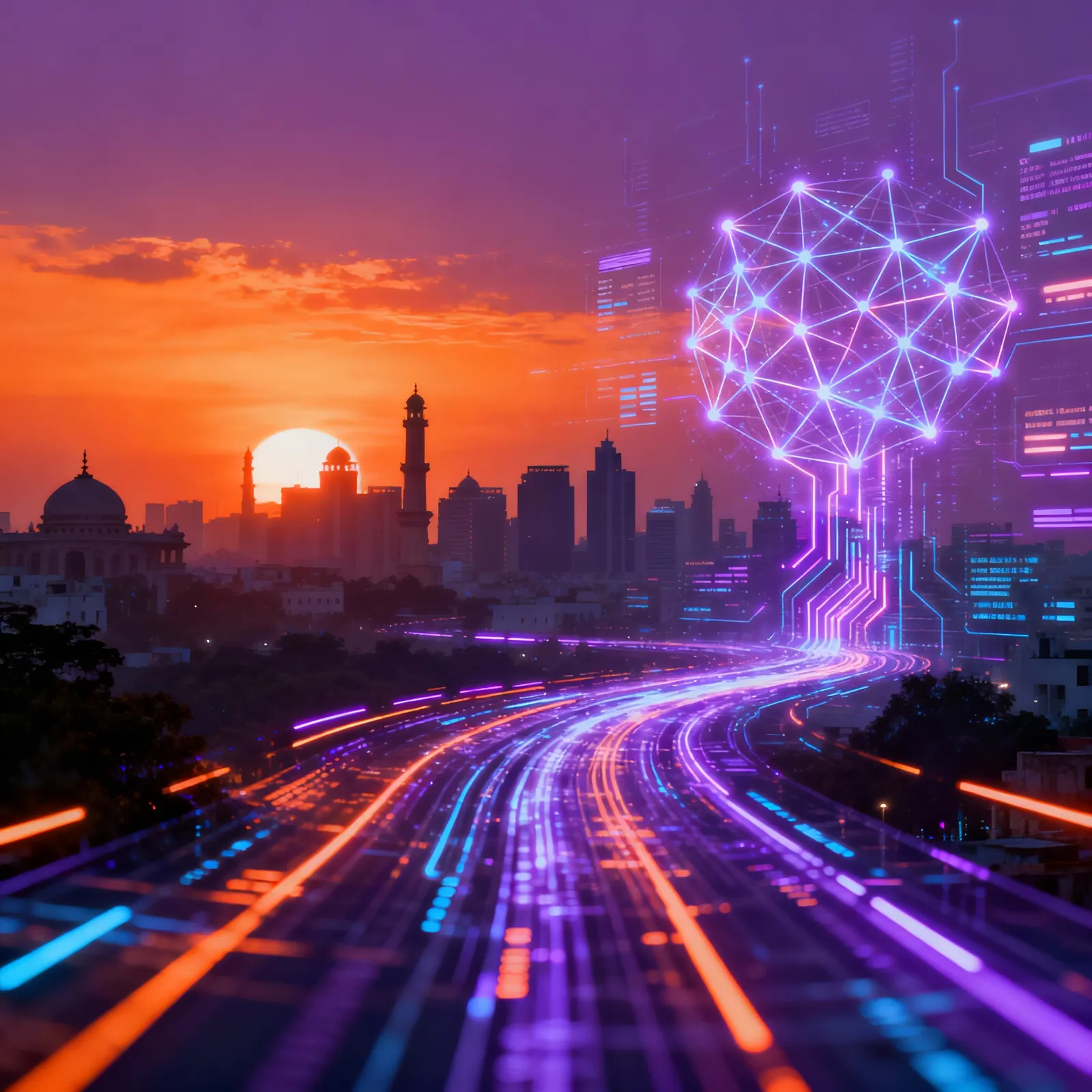 Illustrated night skyline with light trails and a glowing network shape