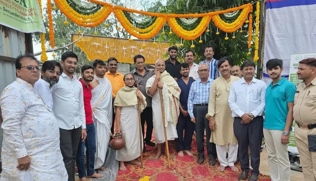 Large group posed under a decorated canopy at an outdoor ceremony