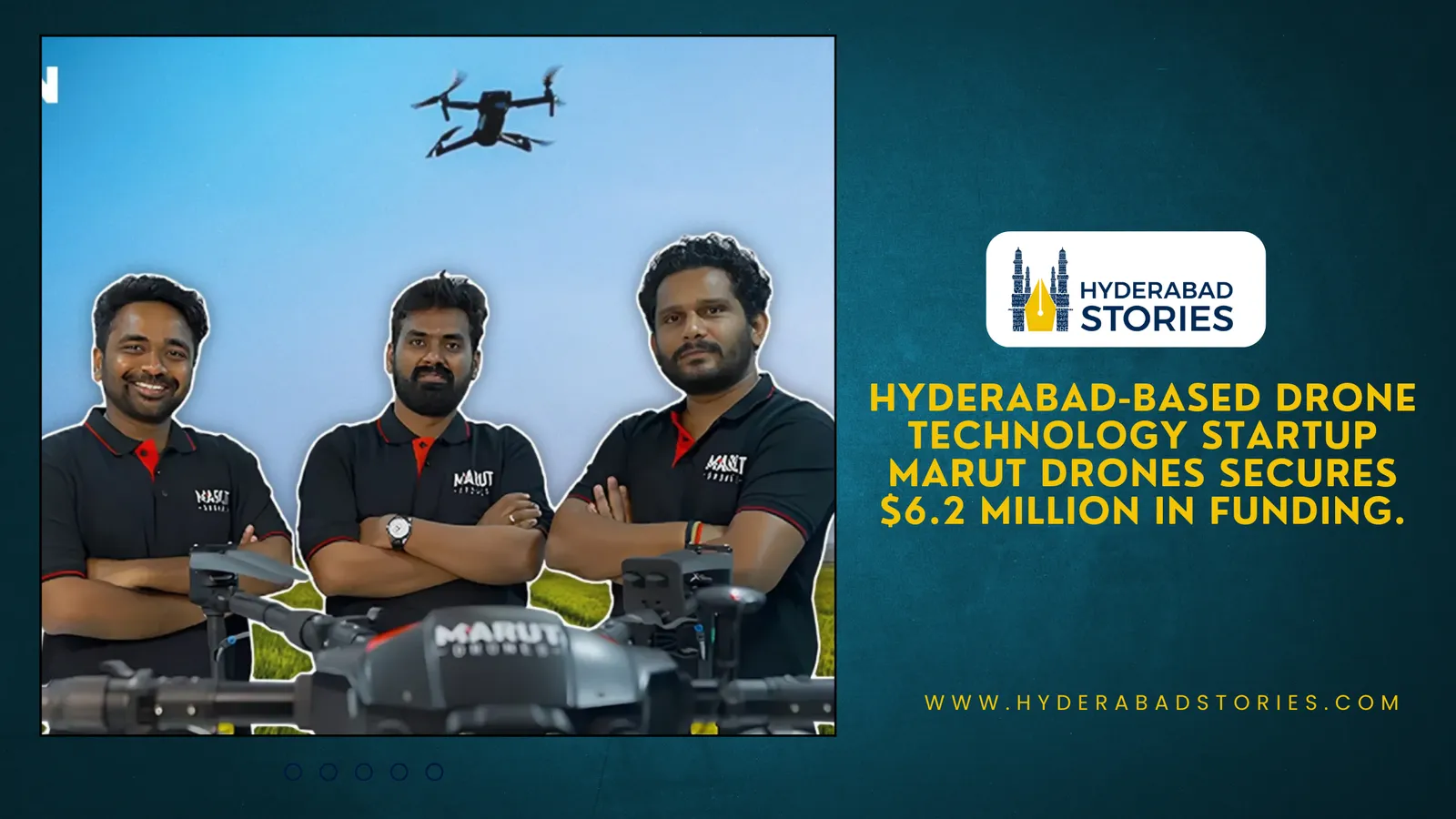 Three men standing with arms folded beside a drone