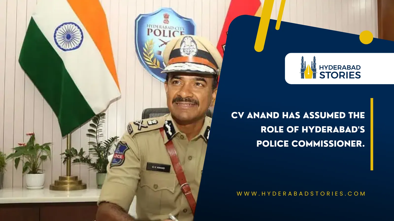 News graphic of a uniformed officer seated before a flag