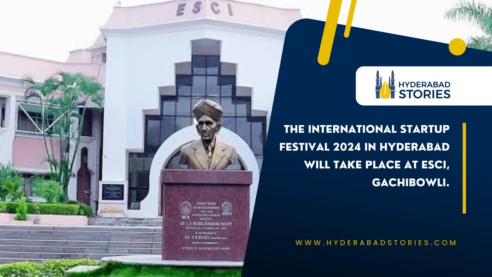 News graphic of a bust and plaque before an institute building