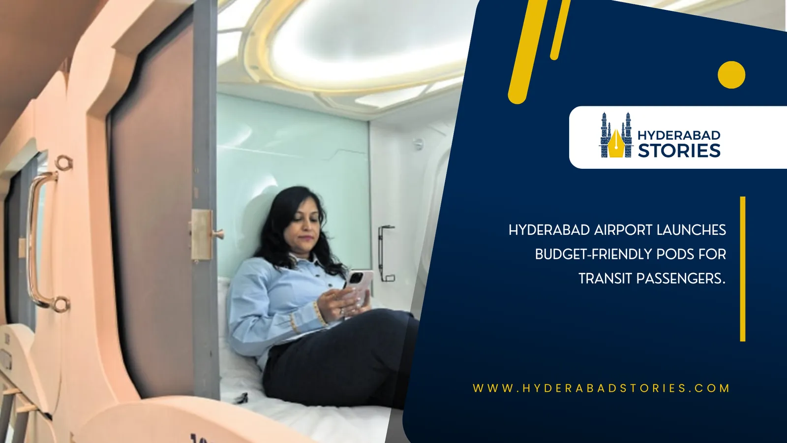News graphic of a woman seated inside a compact sleeping pod