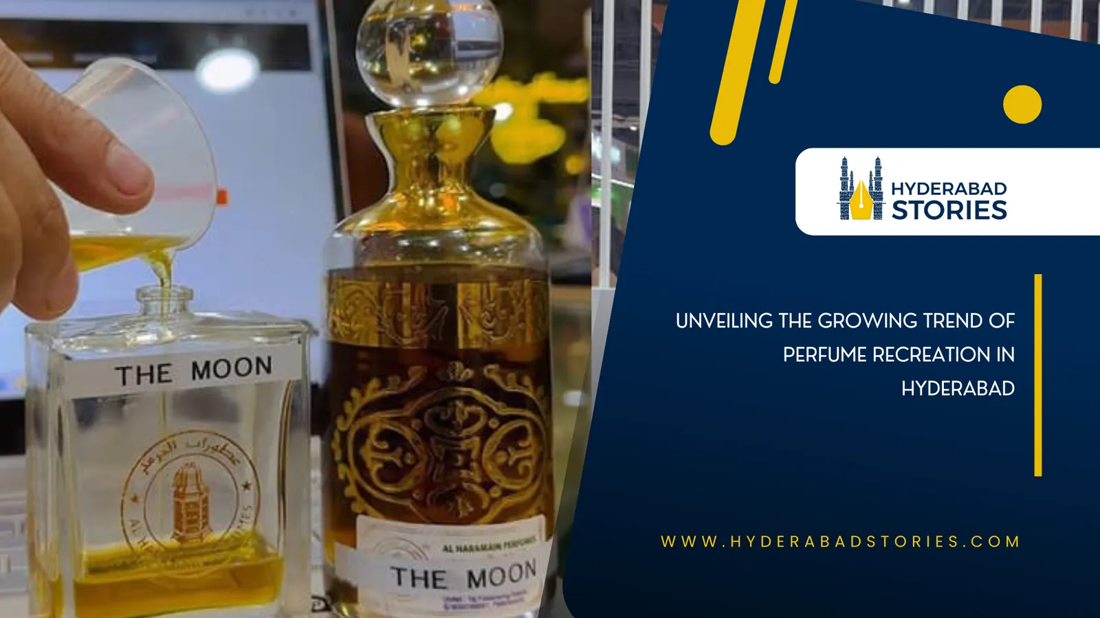 News graphic of perfume bottles with liquid being poured