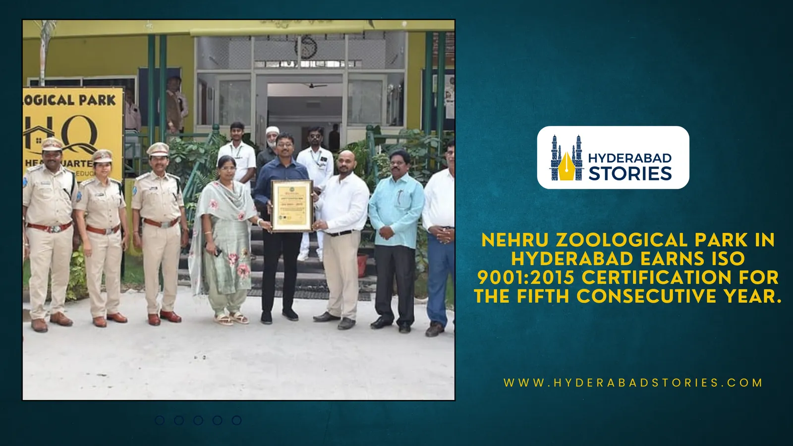 News graphic of people holding a framed certificate outside a building