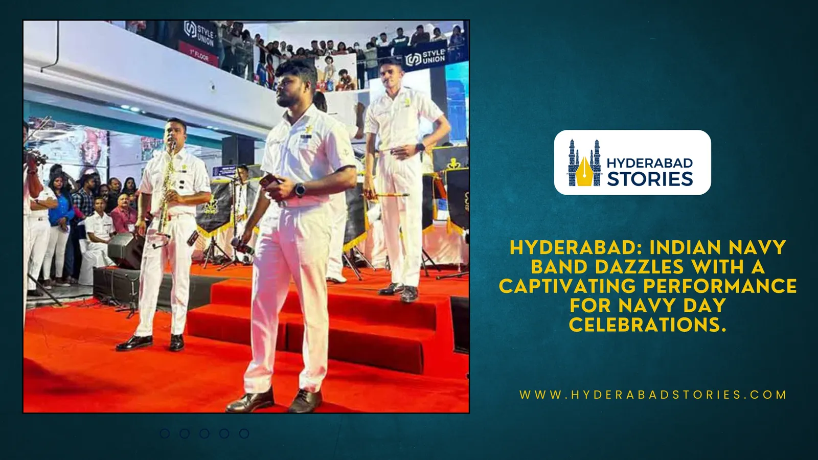 News graphic of uniformed band members performing on a red carpet