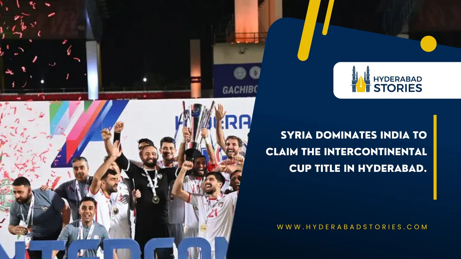 News graphic of a team celebrating with a trophy amid confetti