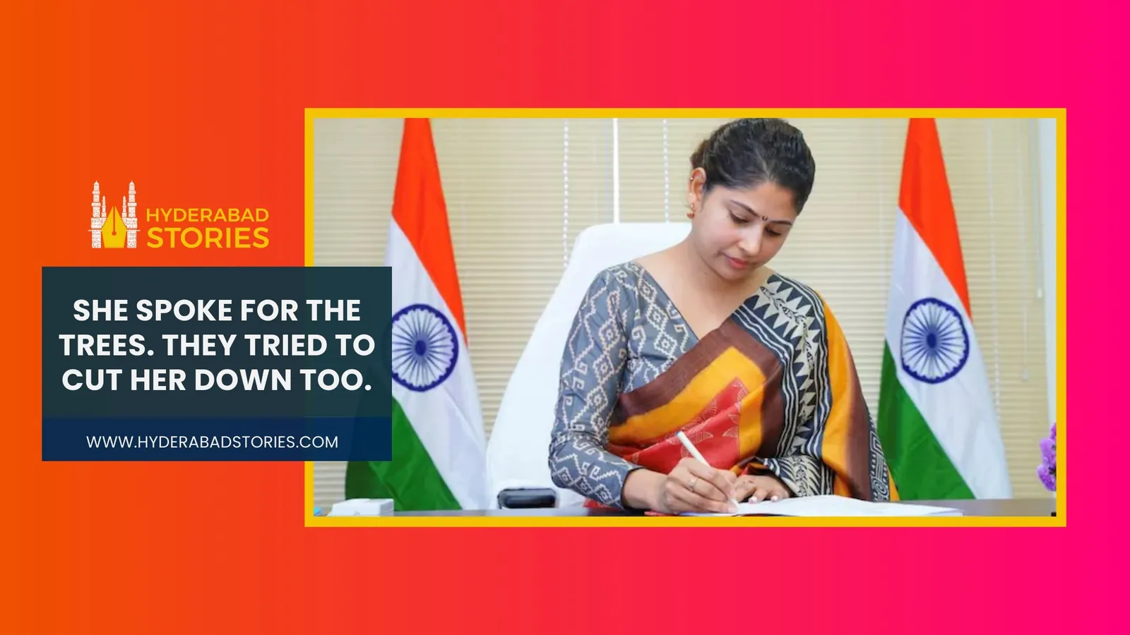News graphic of a woman writing at a desk between two flags