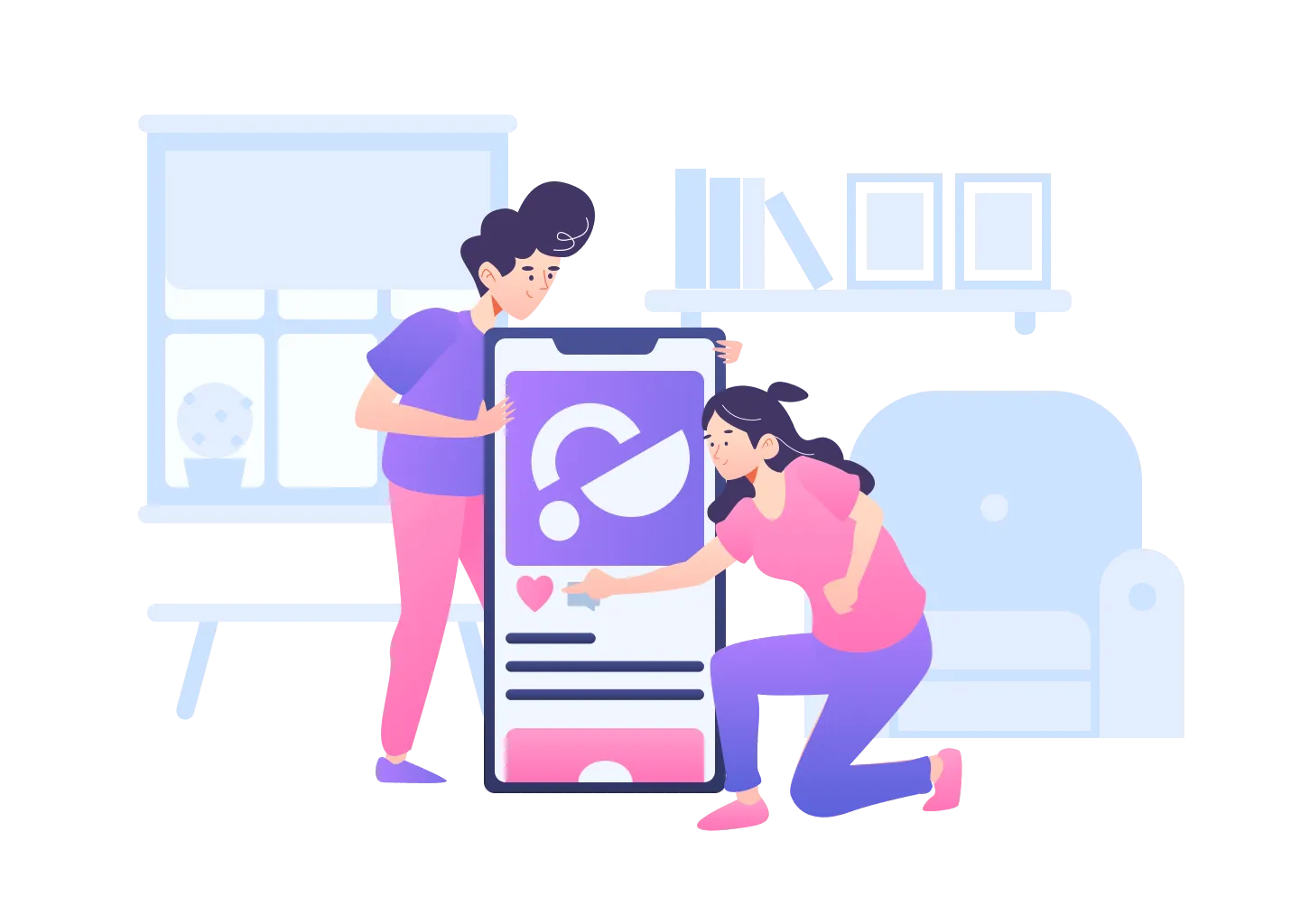 Illustration of two people using a large smartphone in a room