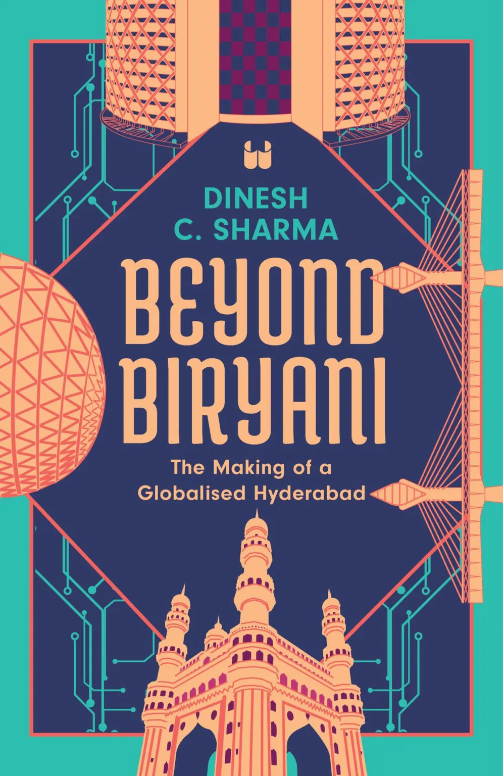 Book cover with a stylised monument in orange and navy