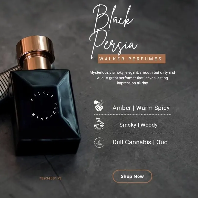 Product advertisement for a perfume bottle on a dark background