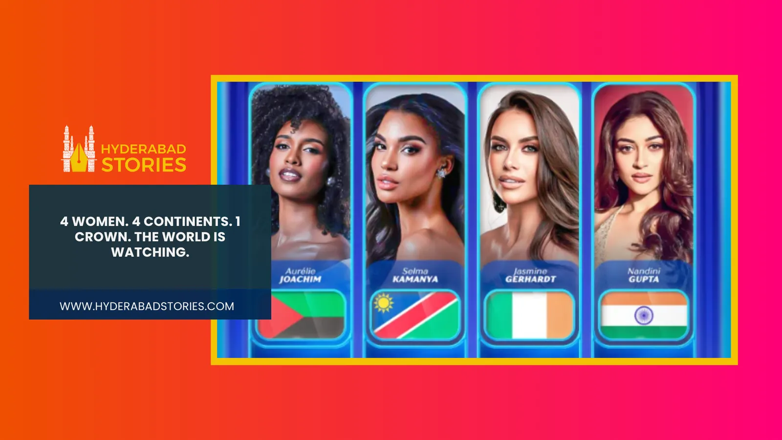 News graphic showing four portraits with national flags