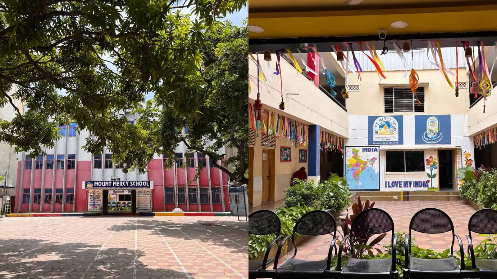 School building and a decorated corridor with flags