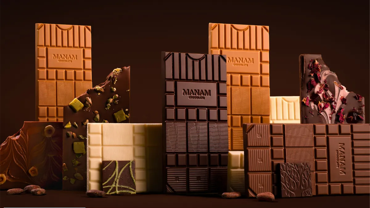 Stacked chocolate bars arranged as a display
