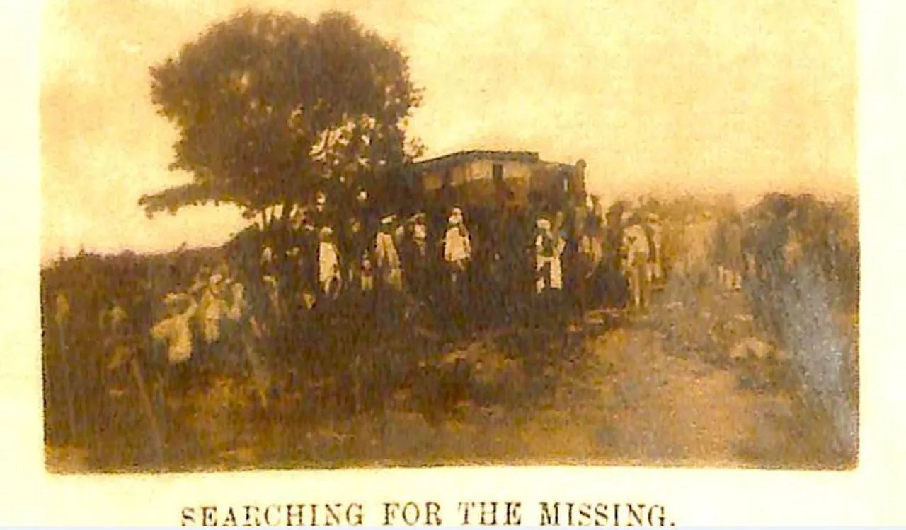Archival photograph of a crowd searching among trees