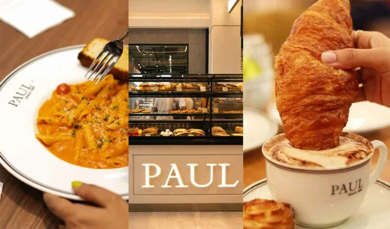 Three panels of pasta, a bakery counter and a croissant with coffee