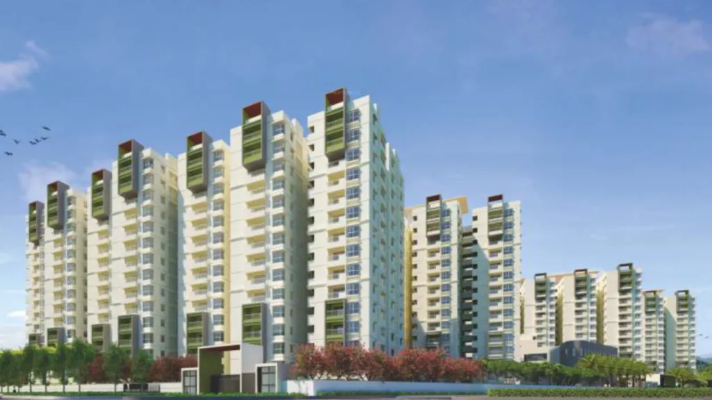 Row of pale multi-storey residential towers behind trees and water