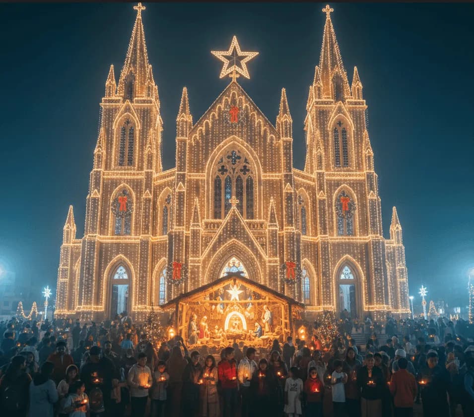 Church facade outlined in lights at night above a crowd