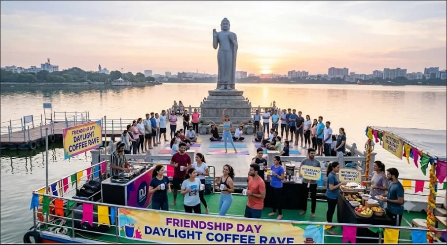 People gathered on a lakeside platform before a large statue at sunrise