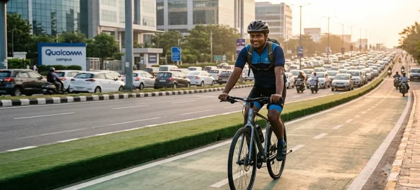 Cyclist riding on a road beside heavy traffic and office buildings