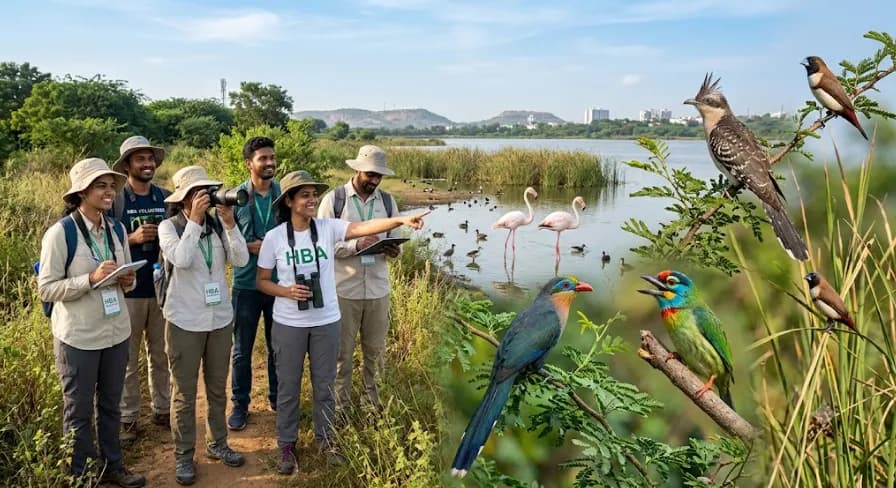 Composite of birdwatchers at a wetland with images of birds
