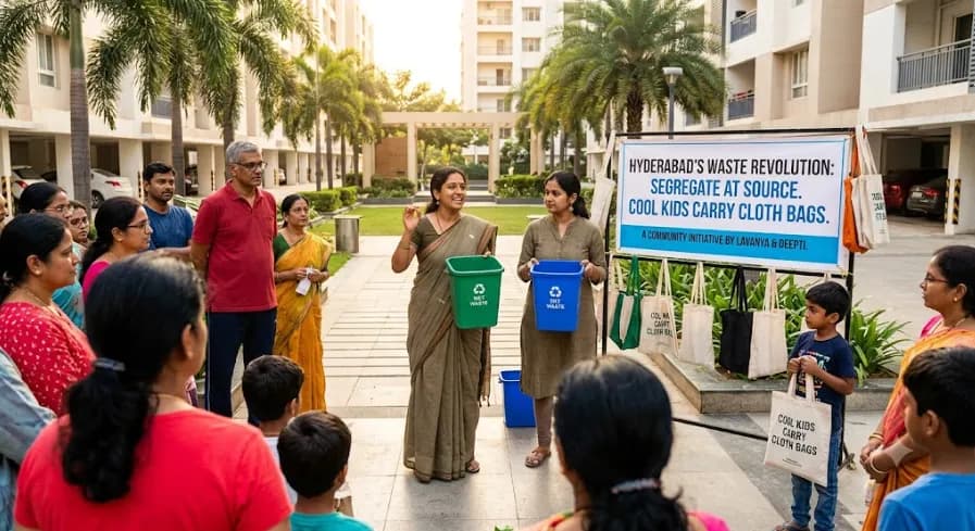 People with waste segregation bins at a residential complex