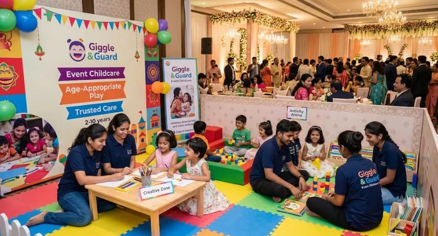 Children playing at a supervised play area beside an event hall