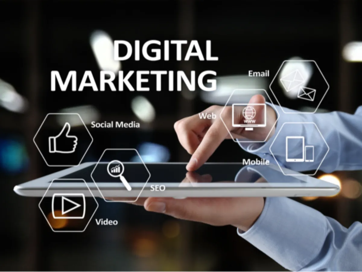 Graphic of a hand touching a tablet surrounded by marketing icons