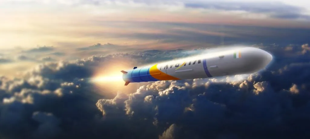 Illustration of a rocket flying above clouds