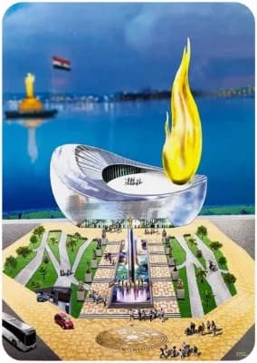 Rendering of a curved memorial structure beside water