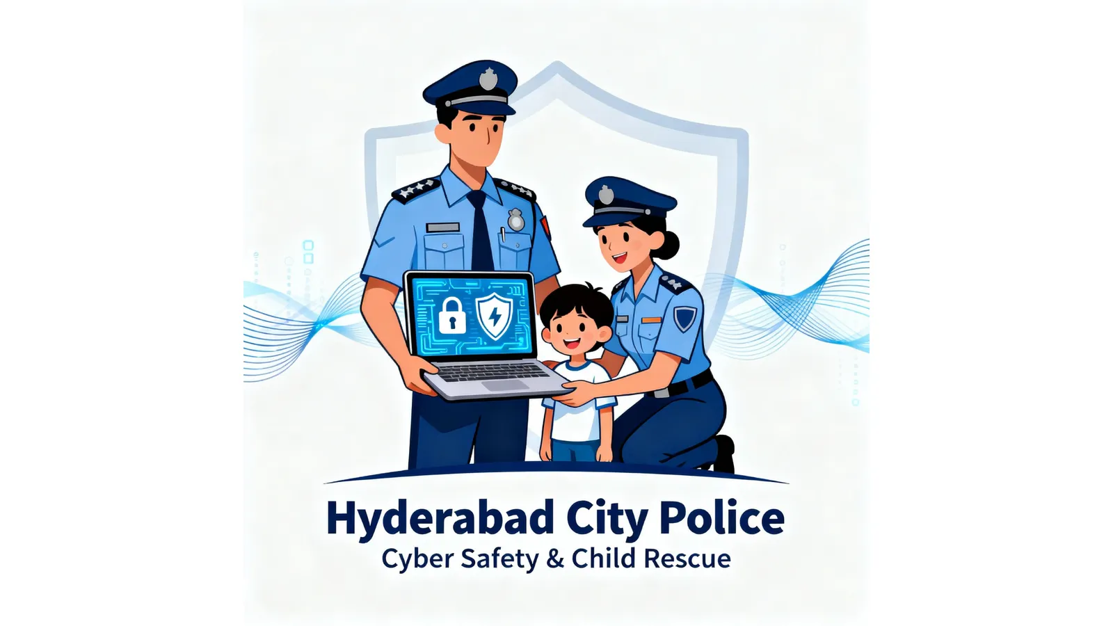 Illustration of police officers with a laptop for a cyber safety campaign