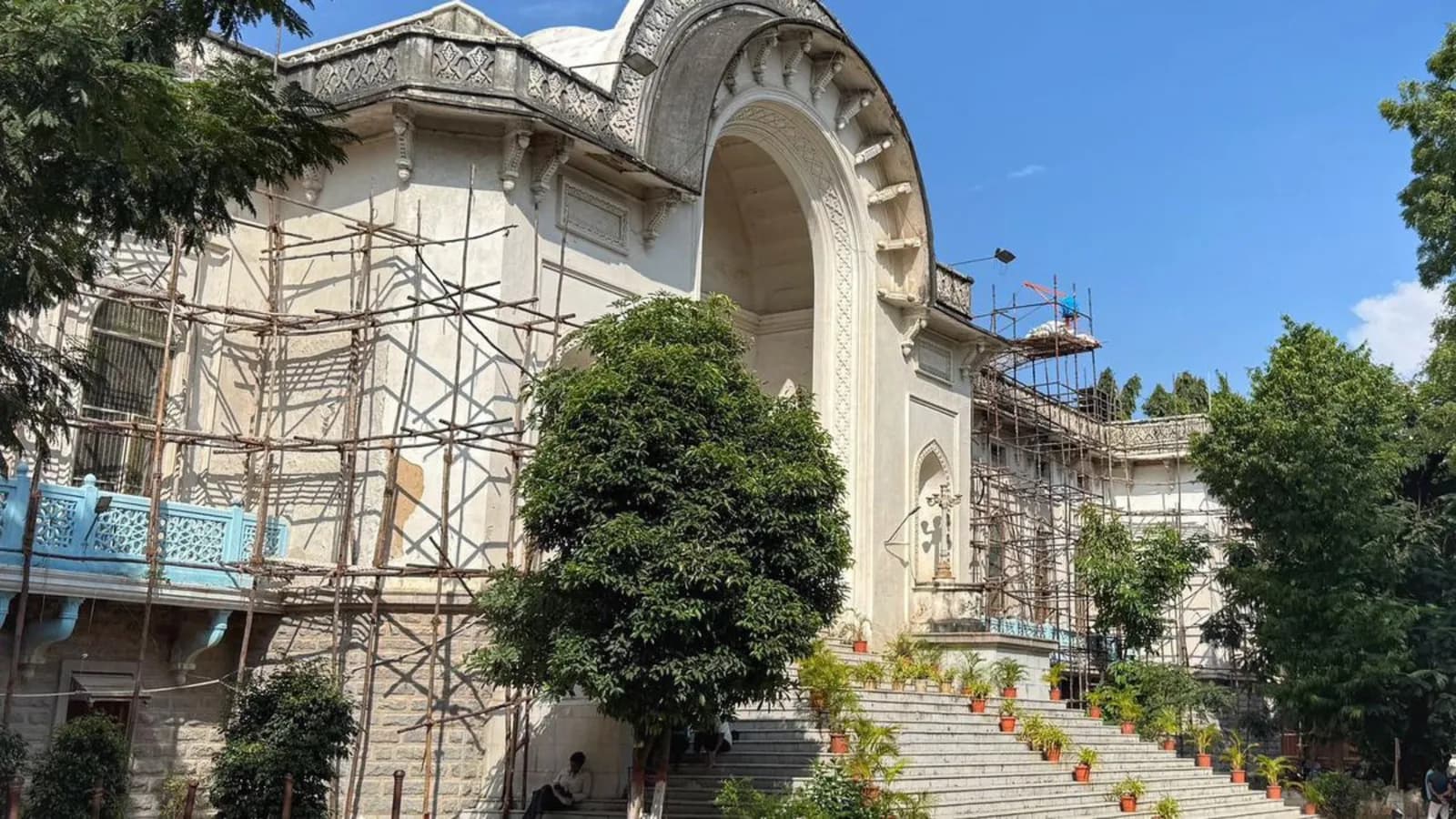 Heritage building under scaffolding during restoration