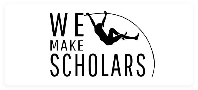 Wordmark logo reading We Make Scholars with a pole-vaulter illustration