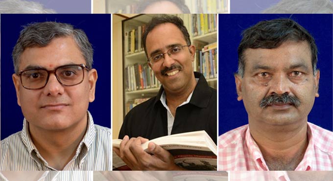 L-R) File photos of Prof. Ashwini Nangia, Prof. Pramod K. Nayar, and Prof. M.N.V. Prasad