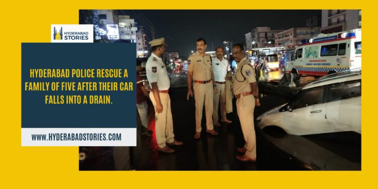 Hyderabad police rescue a family of five after their car falls into a drain.
