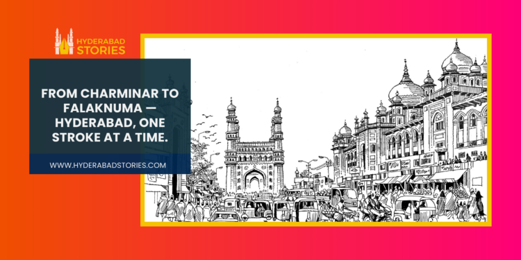 Hand-drawn journey through Telangana: From Charminar to Falaknuma, Hyderabad in every stroke.